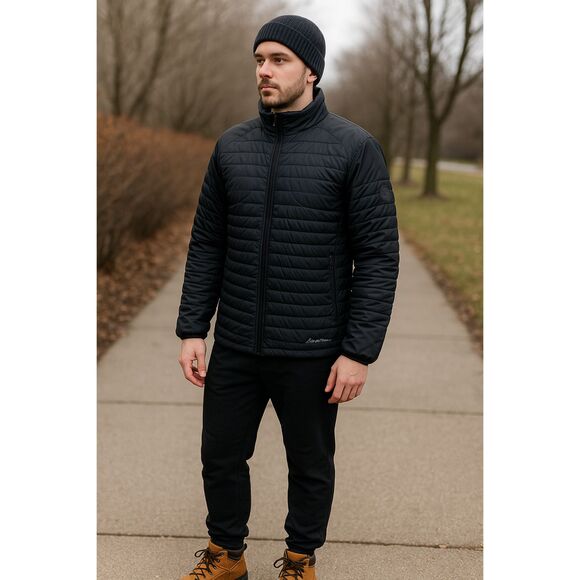 Eddie Bauer Black Puffer Jacket Men’s M Quilted Down Hybrid Outdoor Streetwear - Picture 1 of 12